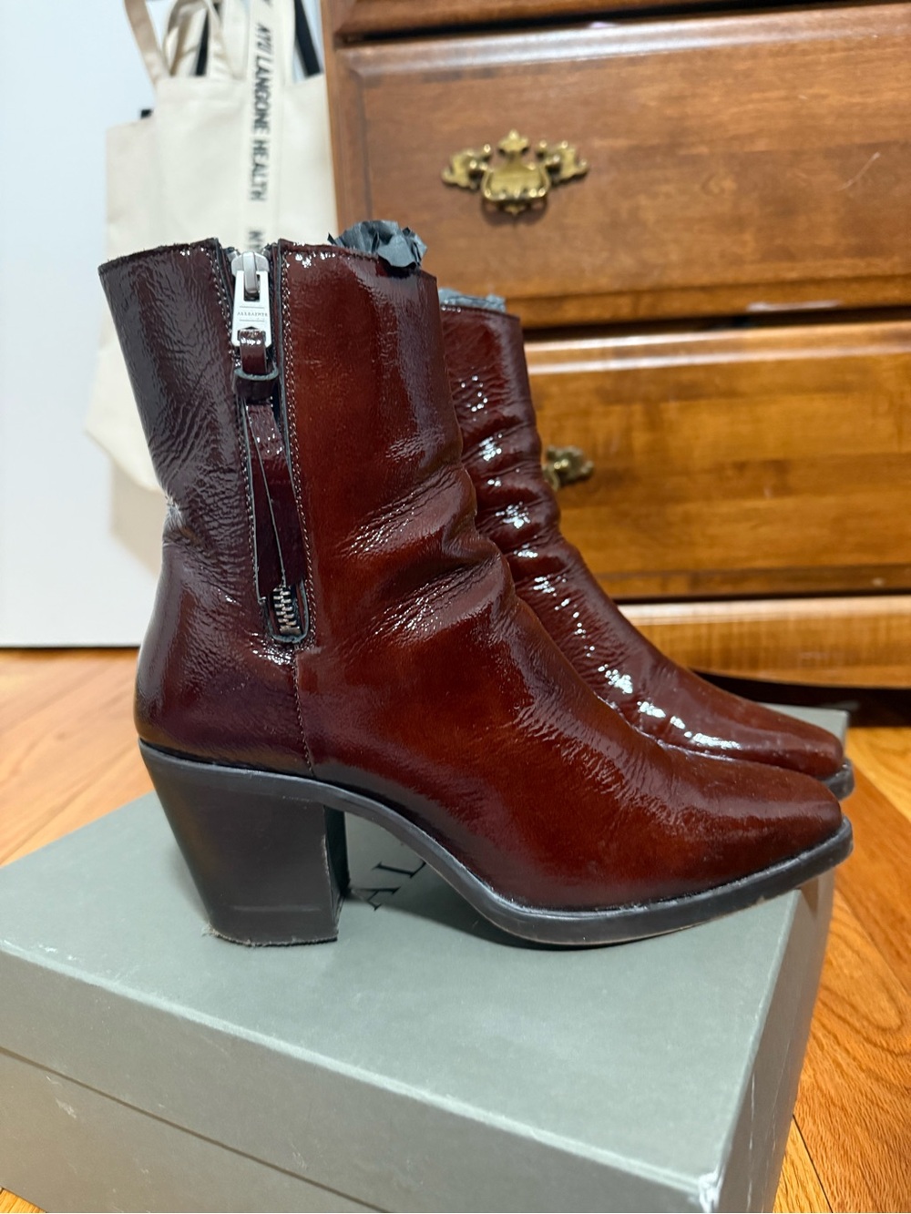 AllSaints Burgundy Patent Leather Boots